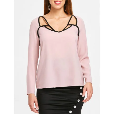 Cut Out Contrasting Blouse - Light Pink Fansmadedirect