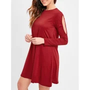Cut Out ong Sleeve T-shirt Dress - Red Wine Fansmadedirect