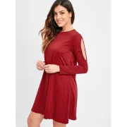 Cut Out ong Sleeve T-shirt Dress - Red Wine Fansmadedirect