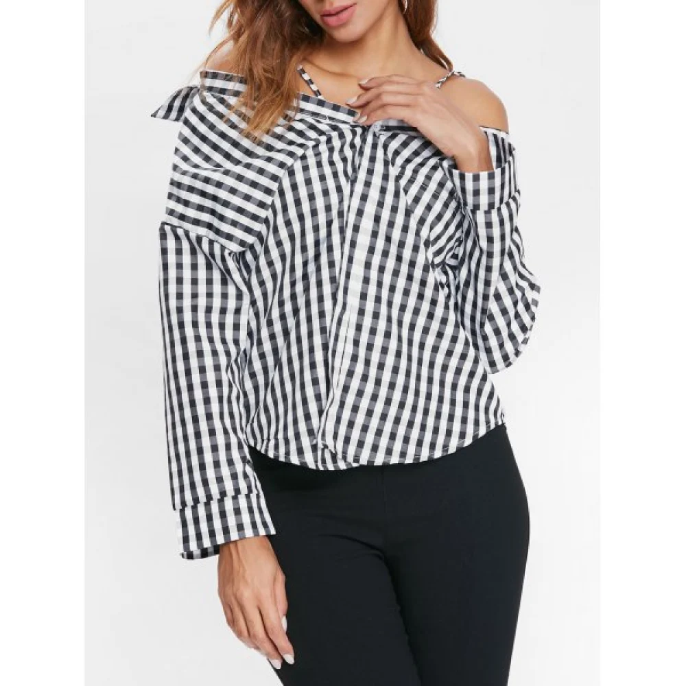 Cut Out Shoulder Button Up Tartan Shirt - Black Fansmadedirect