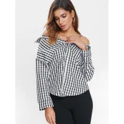 Cut Out Shoulder Button Up Tartan Shirt - Black Fansmadedirect