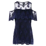 Cut Out Shoulder Lace Blouse - idnight Blue Fansmadedirect