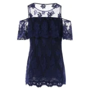 Cut Out Shoulder Lace Blouse - idnight Blue Fansmadedirect
