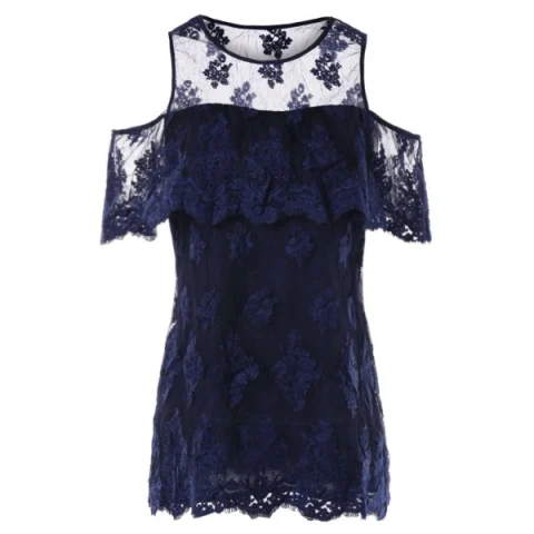 Cut Out Shoulder Lace Blouse - idnight Blue Fansmadedirect