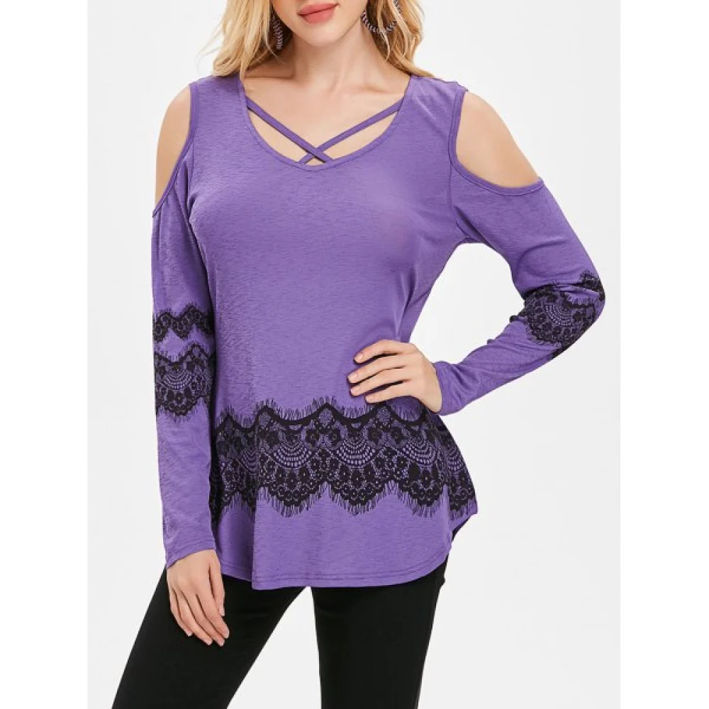 Cut Out Shoulder Long Sleeve Printed T-shirt - Purple Mimosa Fansmadedirect