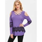 Cut Out Shoulder Long Sleeve Printed T-shirt - Purple Mimosa Fansmadedirect