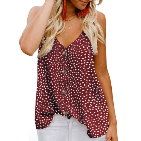 Dalmatian Print Button Front Spaghetti Strap Top - Red Wine Fansmadedirect
