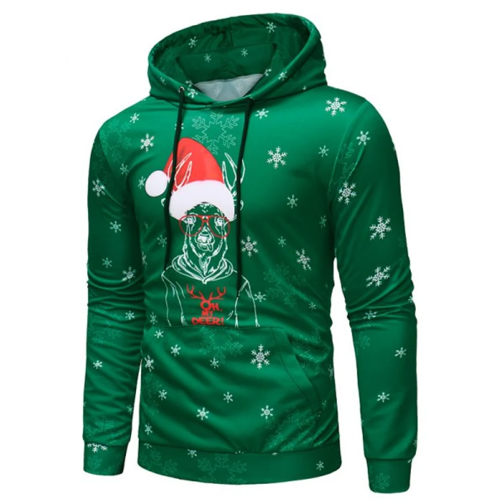 Deer with Christmas Cap Print Pullover Hoodie - Green Fansmadedirect