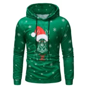 Deer with Christmas Cap Print Pullover Hoodie - Green Fansmadedirect