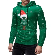 Deer with Christmas Cap Print Pullover Hoodie - Green Fansmadedirect