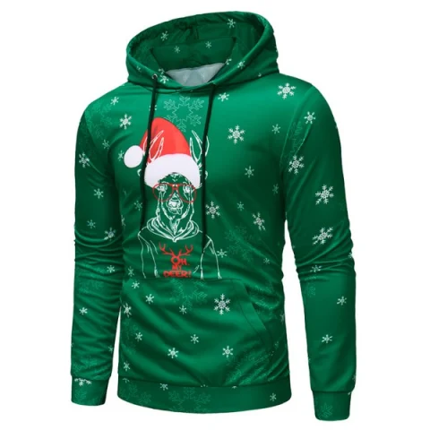 Deer with Christmas Cap Print Pullover Hoodie - Green Fansmadedirect