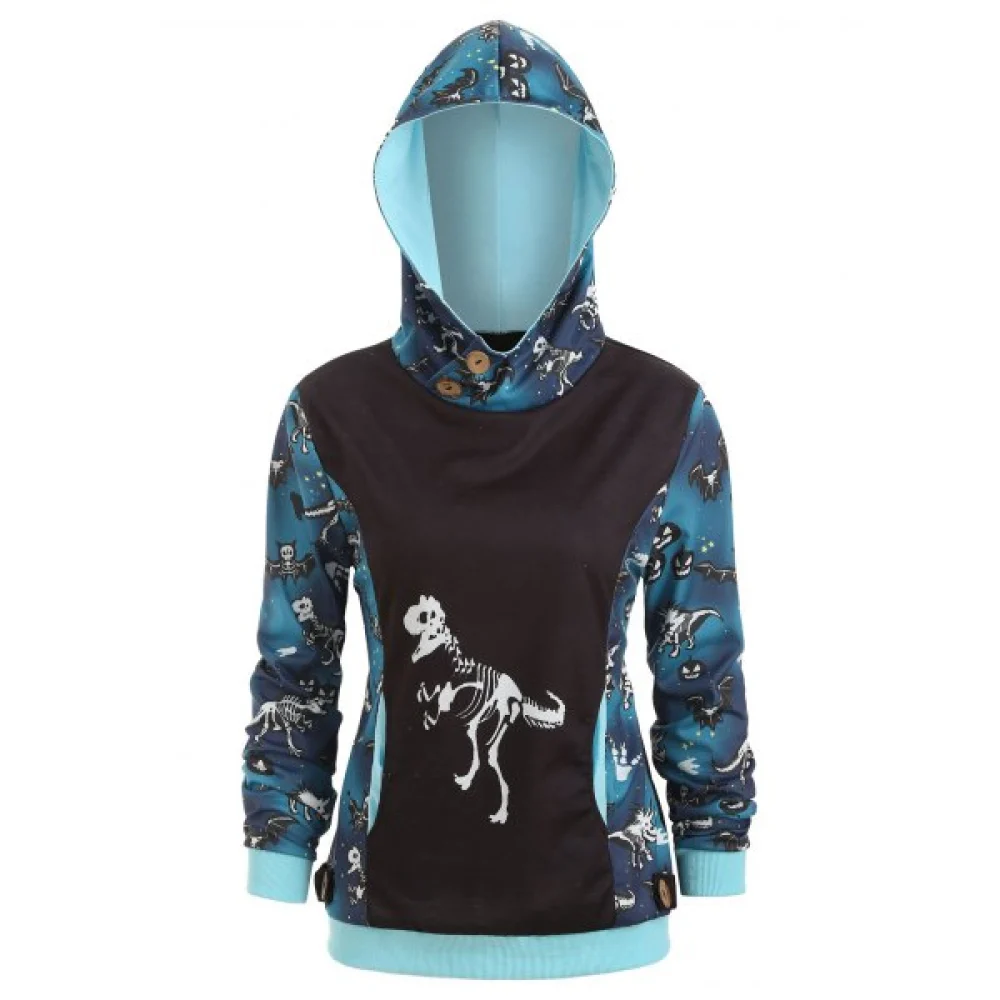 Dinosaur Bat Skeleton Pumpkin Contrast Halloween Hoodie - Black Fansmadedirect