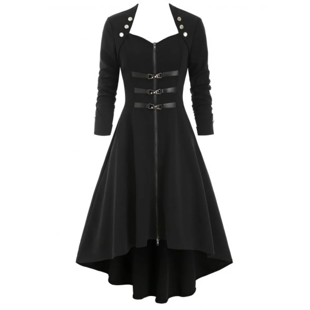 Dip Hem Button Embellished Zip Up Trench Coat - Black Fansmadedirect