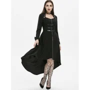 Dip Hem Button Embellished Zip Up Trench Coat - Black Fansmadedirect