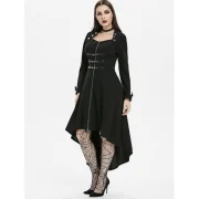 Dip Hem Button Embellished Zip Up Trench Coat - Black Fansmadedirect