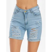 Distressed Rolled Hem Denim Bermuda Shorts - ight Sky Blue Fansmadedirect
