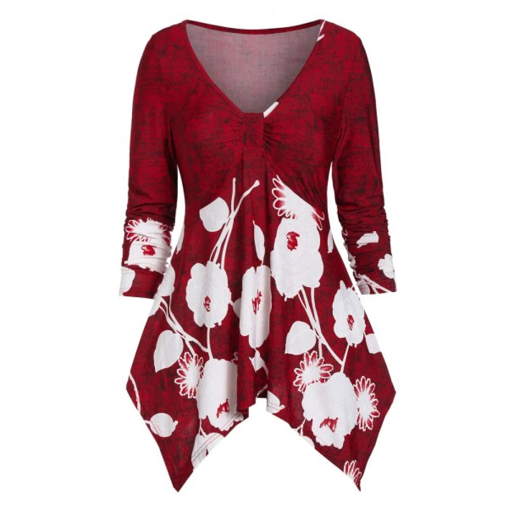 Ditsy Print Plunge Asymmetrical T Shirt - Red Wine Fansmadedirect