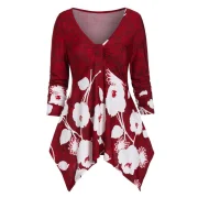 Ditsy Print Plunge Asymmetrical T Shirt - Red Wine Fansmadedirect