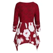 Ditsy Print Plunge Asymmetrical T Shirt - Red Wine Fansmadedirect