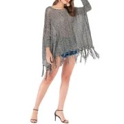 Dolman Sleeves Tassels Heathered Loose Knit Sweater - Black Fansmadedirect