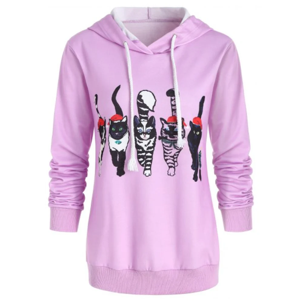 Drawstring Cat Print Pullover Hoodie - Mauve Fansmadedirect
