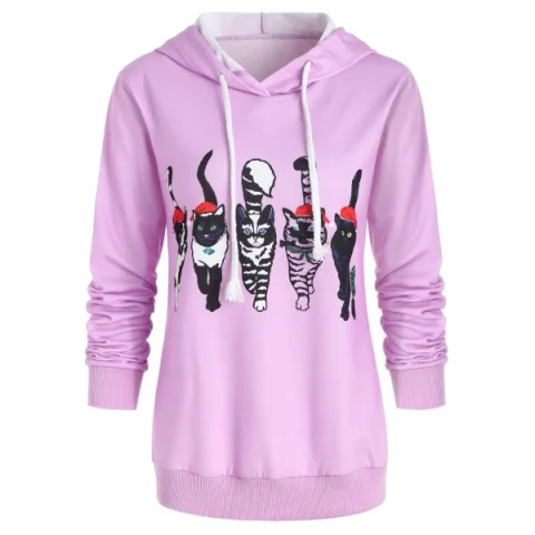 Drawstring Cat Print Pullover Hoodie - Mauve Fansmadedirect