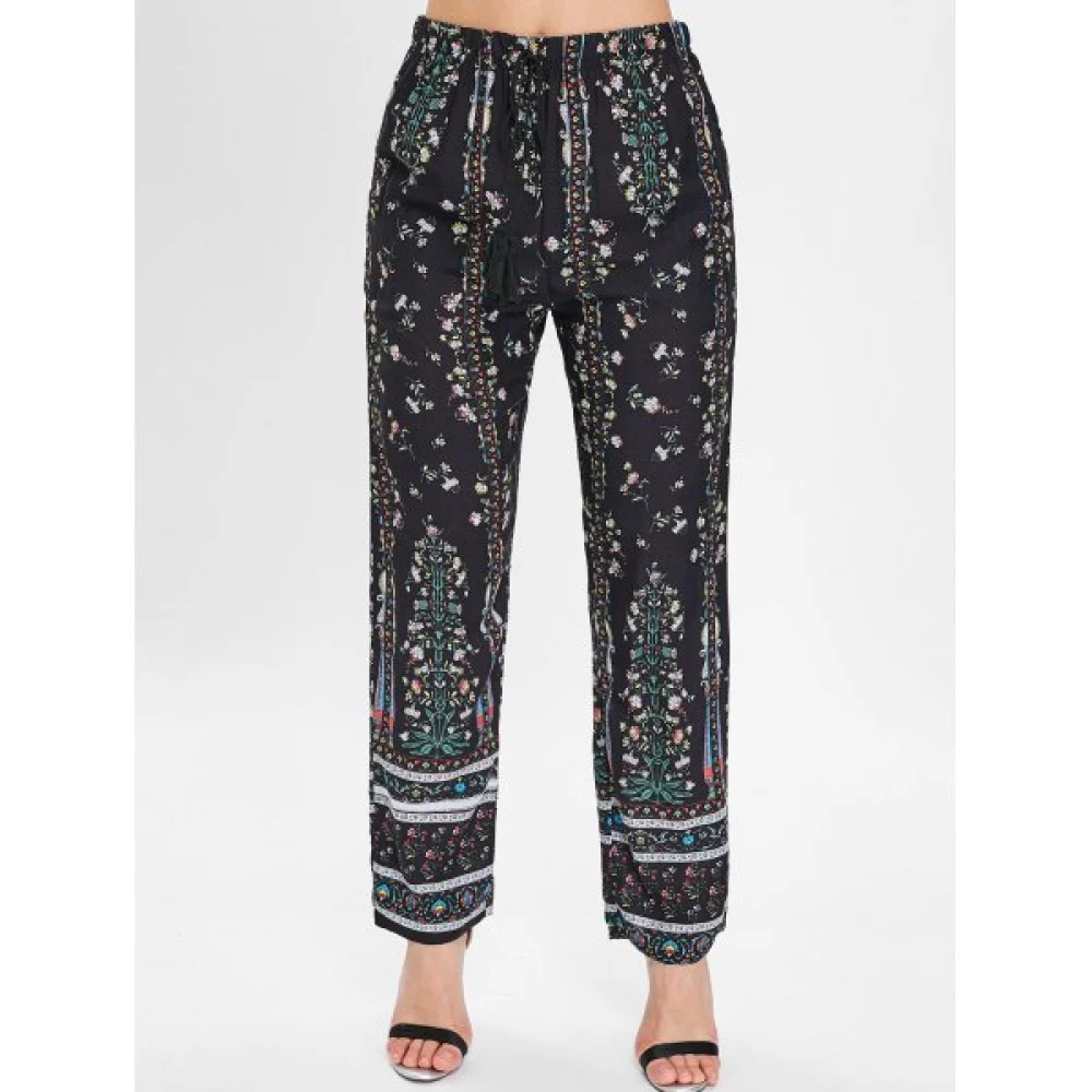 Drawstring Floral Sleeping Pants - Black Fansmadedirect