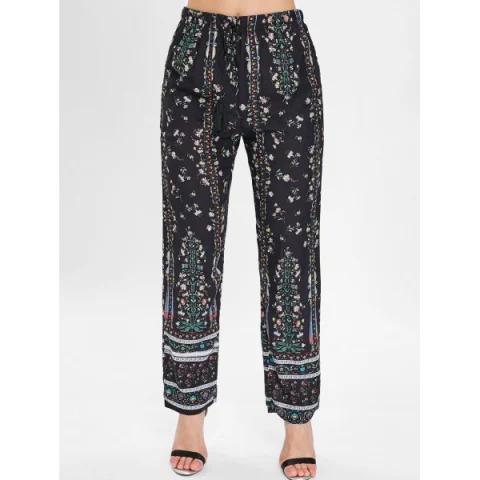 Drawstring Floral Sleeping Pants - Black Fansmadedirect