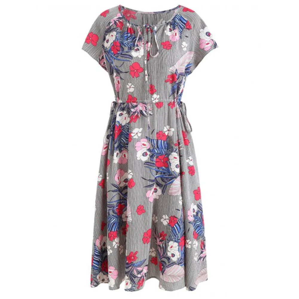 Drawstring Floral triped Midi Dress - Fansmadedirect