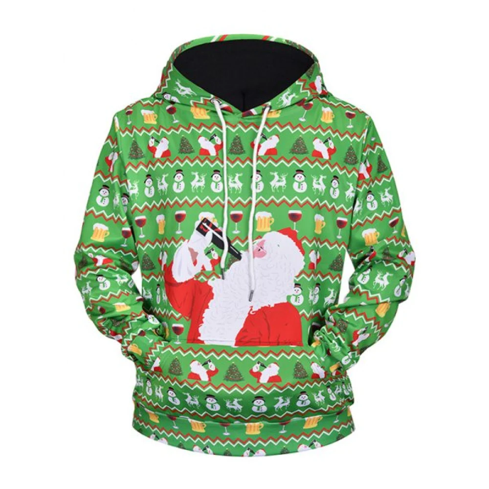 Drinking Santa Claus Print Drawstring Hoodie - Seaweed Green Fansmadedirect