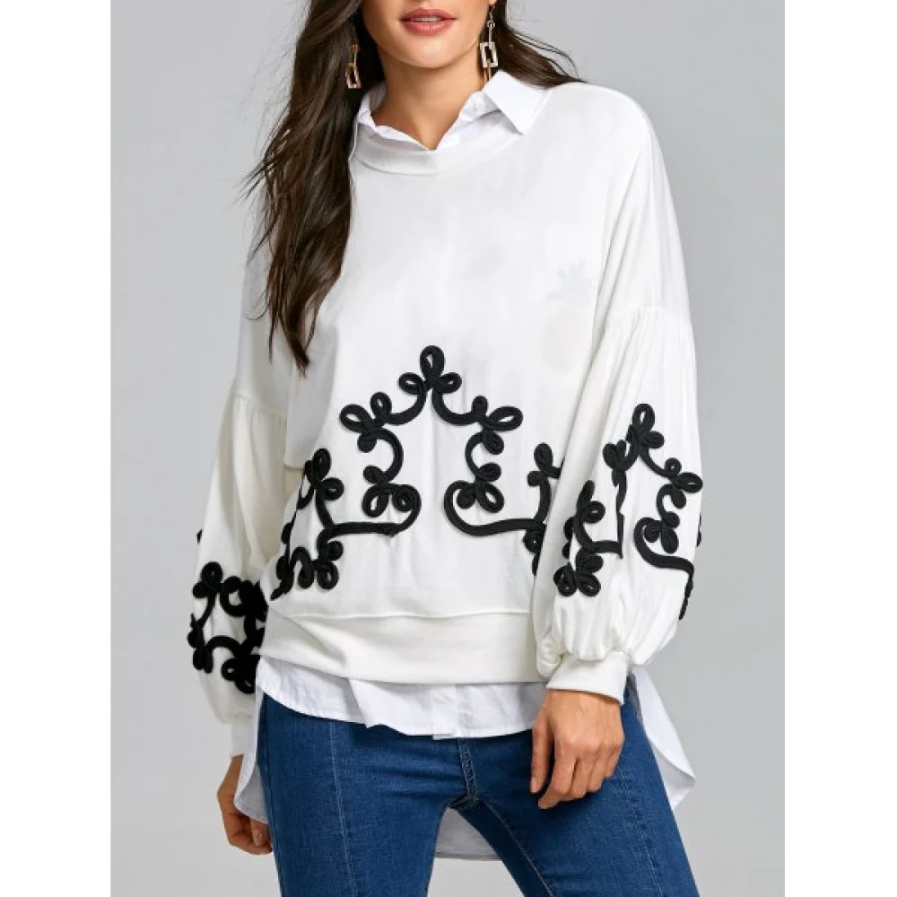 Drop houlder Puff leeve Crochet weatshirt - White Fansmadedirect