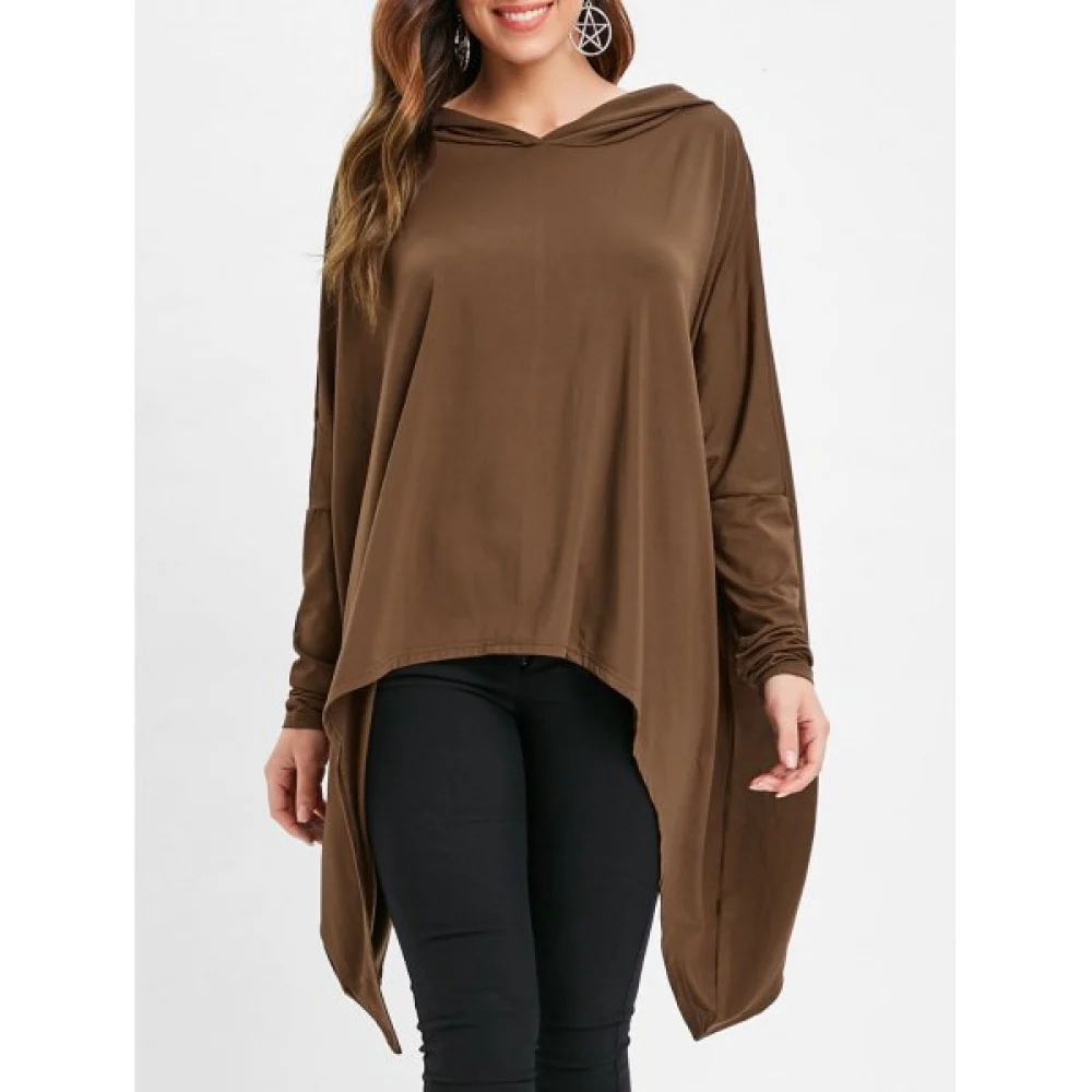 Drop Shoulder Asymmetrical Hem Hoodie - Coffee Fansmadedirect