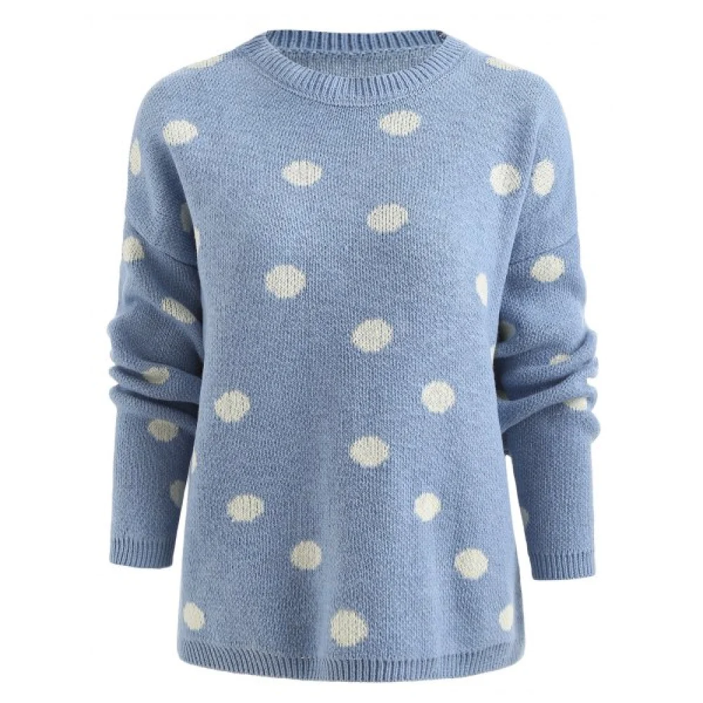 Drop Shoulder Polka Dot Sweater - Light Blue One Fansmadedirect