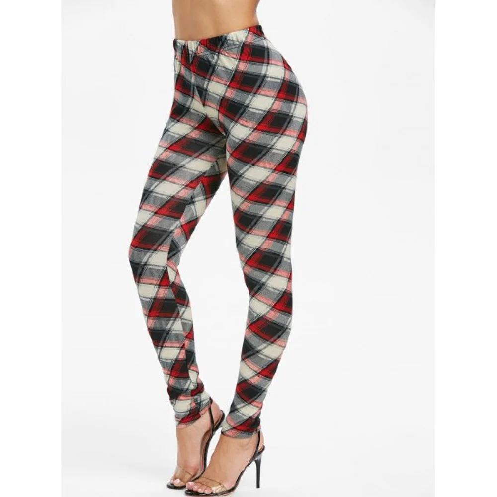 Elastic Waist Checked Pencil Pants - Red Wine Fansmadedirect