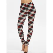 Elastic Waist Checked Pencil Pants - Red Wine Fansmadedirect
