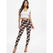 Elastic Waist Checked Pencil Pants - Red Wine Fansmadedirect