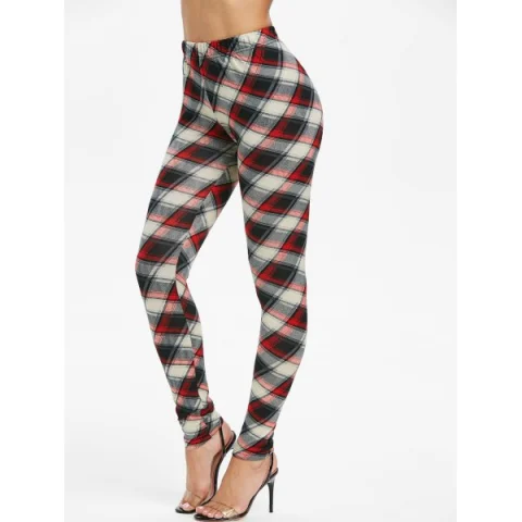 Elastic Waist Checked Pencil Pants - Red Wine Fansmadedirect