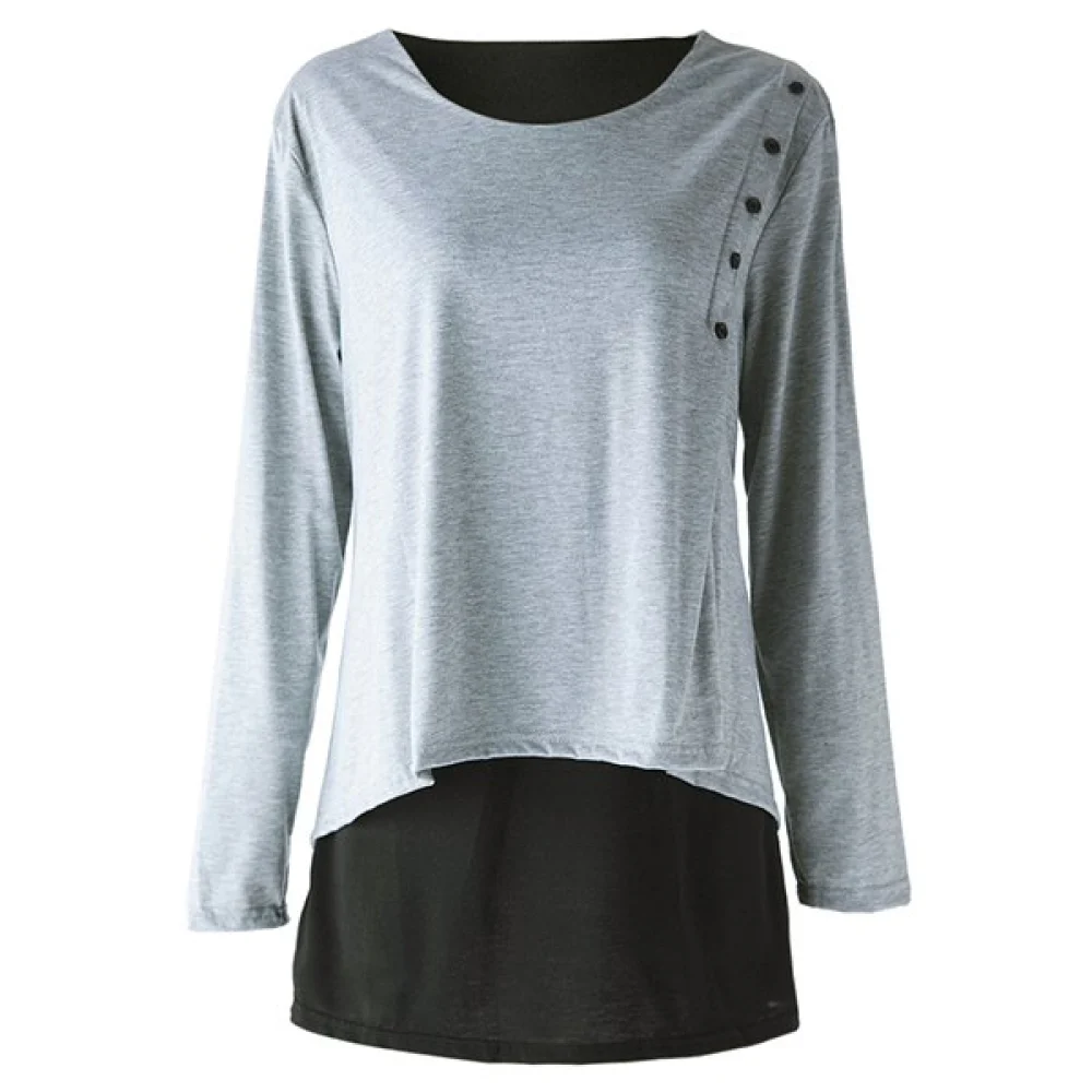 Elegant Long Sleeve Scoop Neck Faux Twinset Design T-Shirt For Women - Light Gray Fansmadedirect