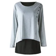 Elegant Long Sleeve Scoop Neck Faux Twinset Design T-Shirt For Women - Light Gray Fansmadedirect