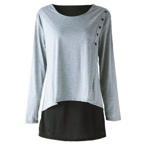 Elegant Long Sleeve Scoop Neck Faux Twinset Design T-Shirt For Women - Light Gray Fansmadedirect