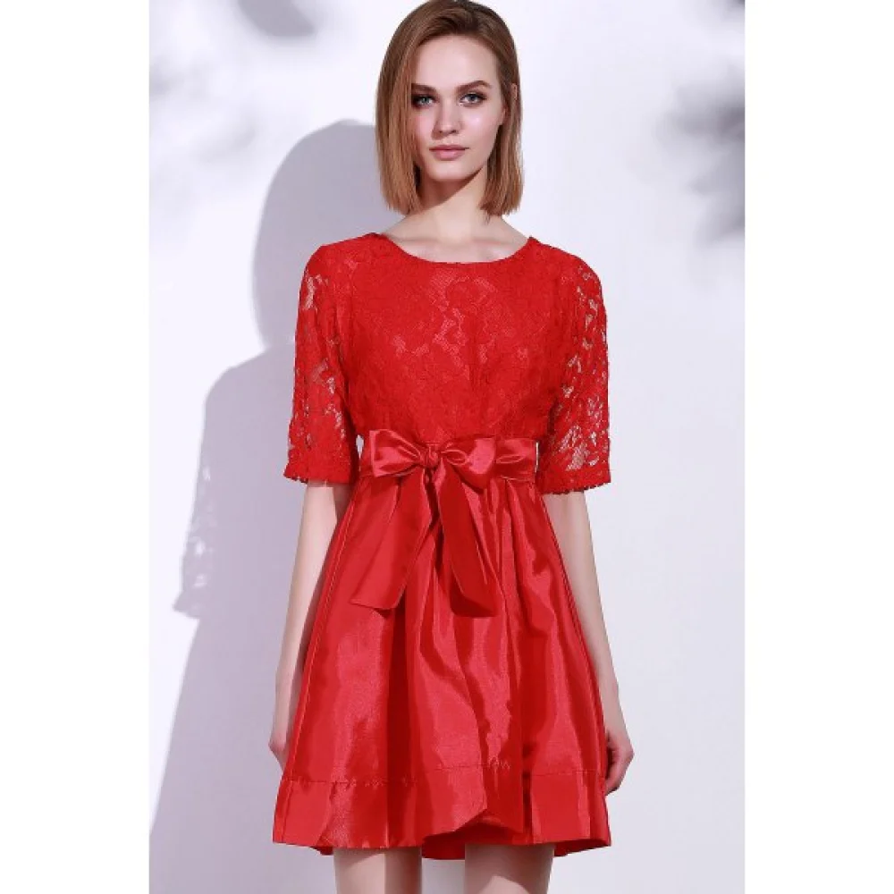 Elegant Round Neck Half Sleeve Hollow Out Bowknot Embellished Women's Dress - Red Fansmadedirect