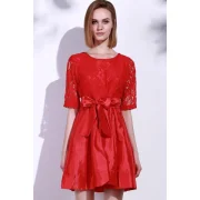 Elegant Round Neck Half Sleeve Hollow Out Bowknot Embellished Women's Dress - Red Fansmadedirect