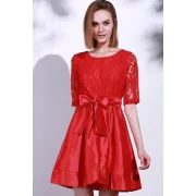 Elegant Round Neck Half Sleeve Hollow Out Bowknot Embellished Women's Dress - Red Fansmadedirect
