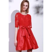 Elegant Round Neck Half Sleeve Hollow Out Bowknot Embellished Women's Dress - Red Fansmadedirect