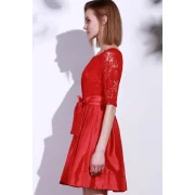 Elegant Round Neck Half Sleeve Hollow Out Bowknot Embellished Women's Dress - Red Fansmadedirect