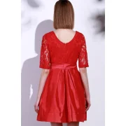 Elegant Round Neck Half Sleeve Hollow Out Bowknot Embellished Women's Dress - Red Fansmadedirect