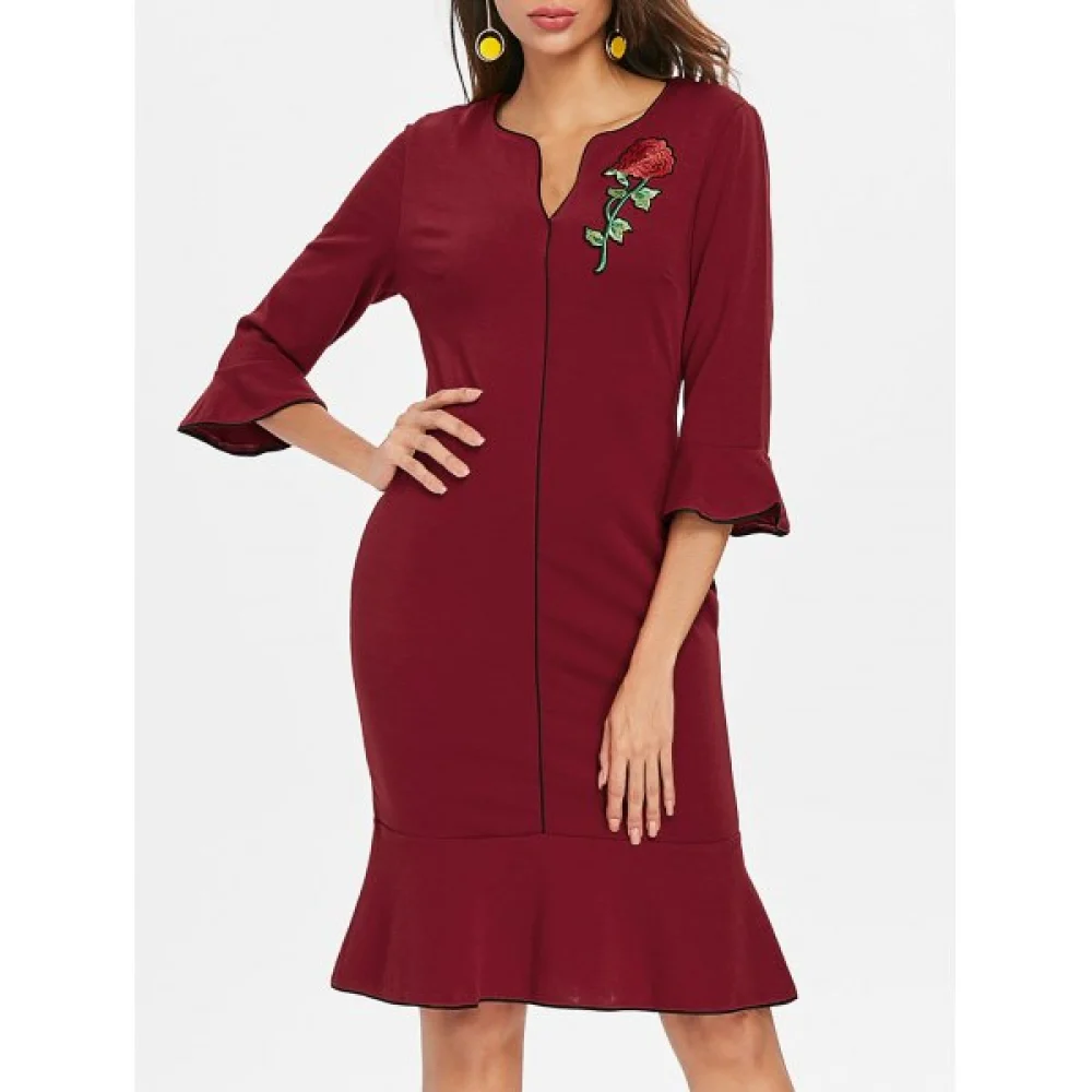 Embroidered Bell leeve Mermaid Dress - Red Wine Fansmadedirect