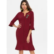 Embroidered Bell leeve Mermaid Dress - Red Wine Fansmadedirect