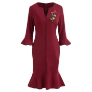 Embroidered Bell leeve Mermaid Dress - Red Wine Fansmadedirect