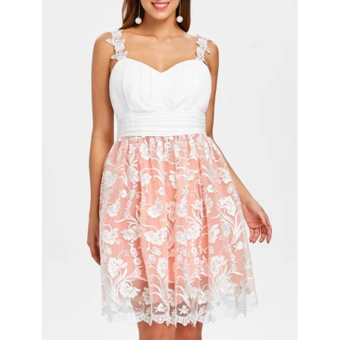 Embroidered esh Overlay Skater Dress - White Fansmadedirect